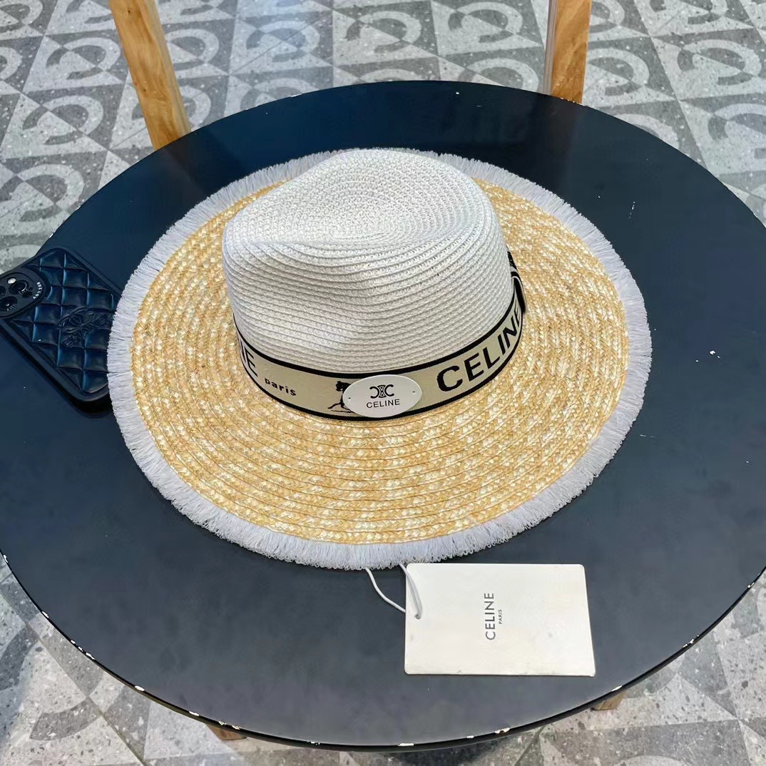 【CELINE赛琳】新款拼接草编遮阳草帽盆帽🤩沙滩风，简约大方，百搭单品～出街首选，新款帽型超美腻，新品