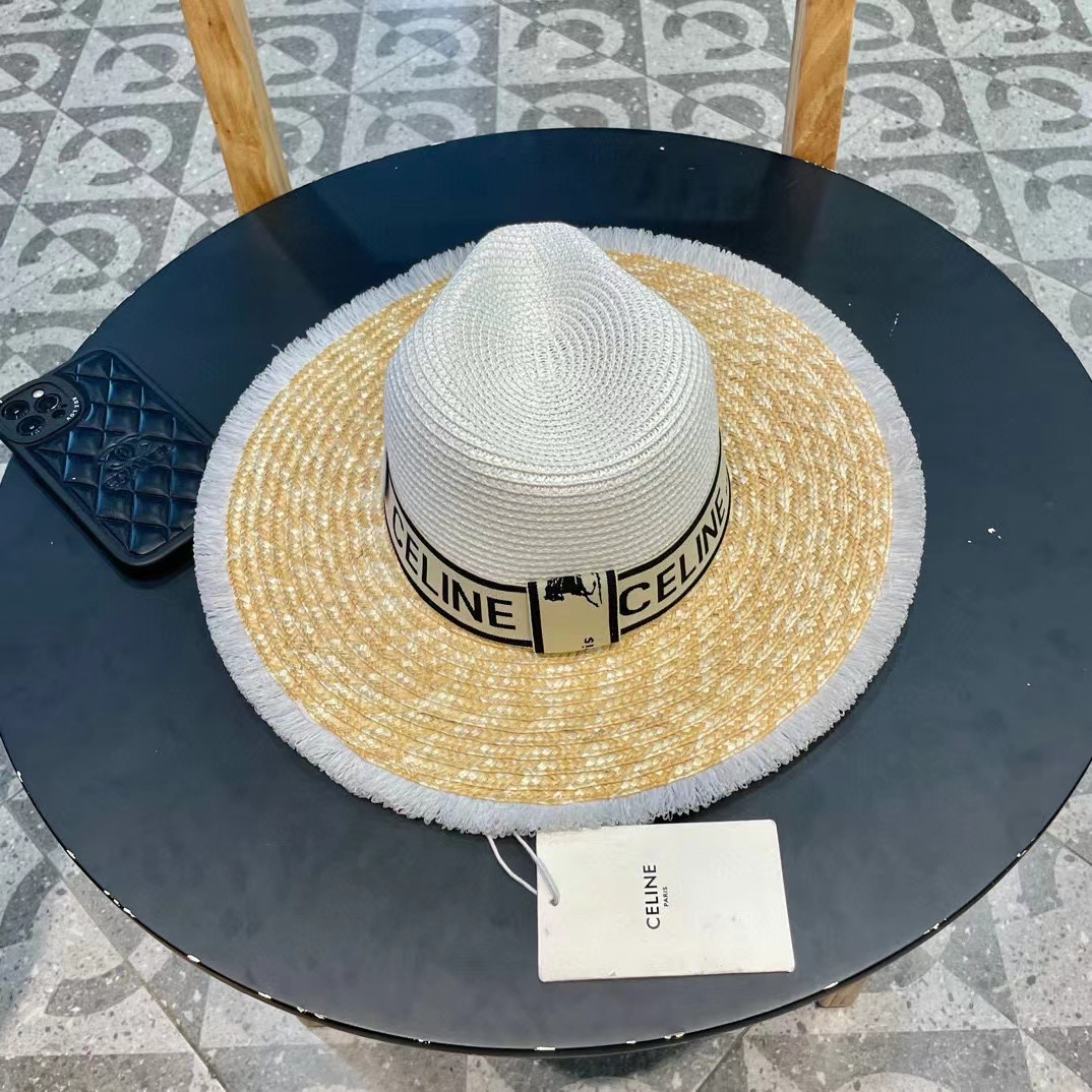 【CELINE赛琳】新款拼接草编遮阳草帽盆帽🤩沙滩风，简约大方，百搭单品～出街首选，新款帽型超美腻，新品