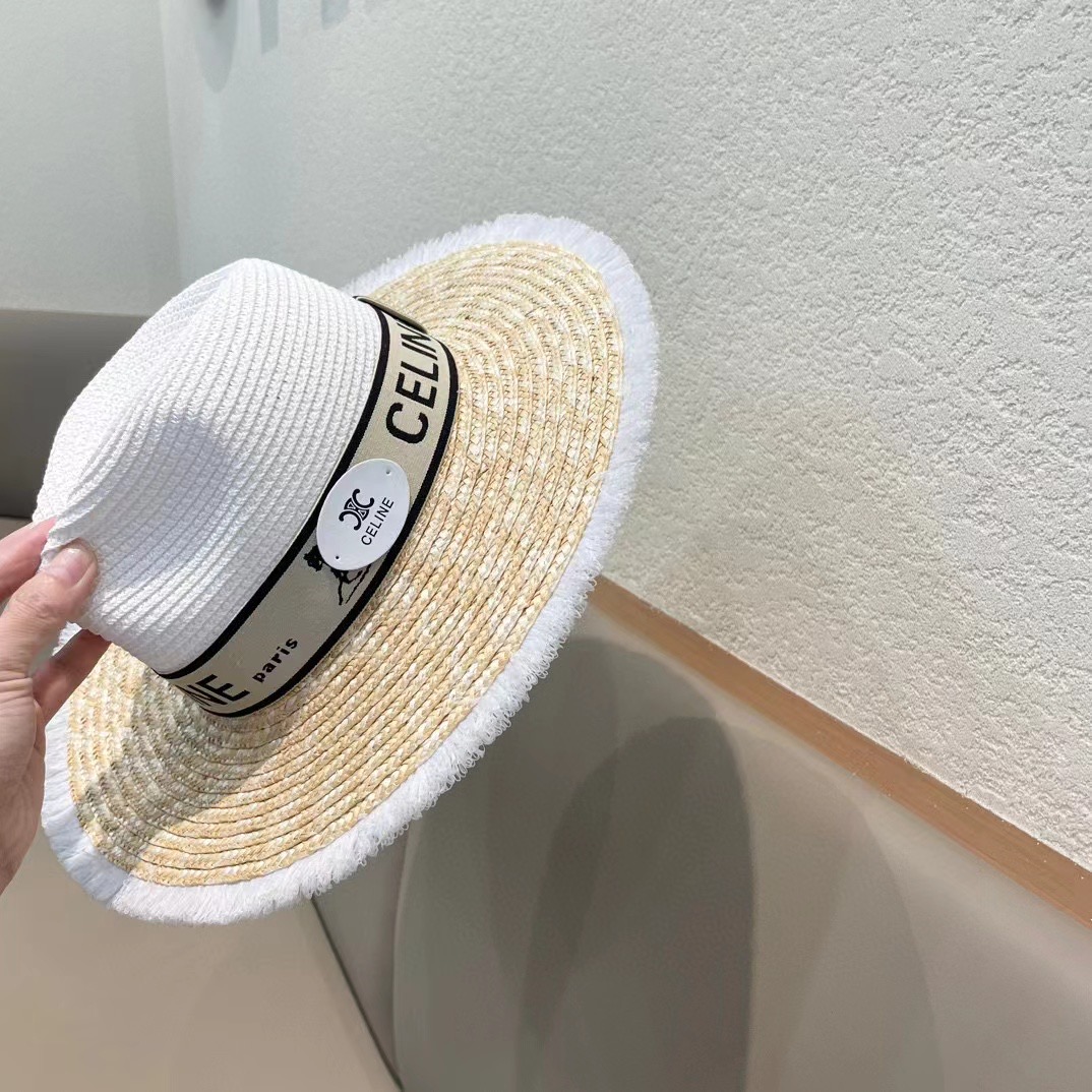 【CELINE赛琳】新款拼接草编遮阳草帽盆帽🤩沙滩风，简约大方，百搭单品～出街首选，新款帽型超美腻，新品