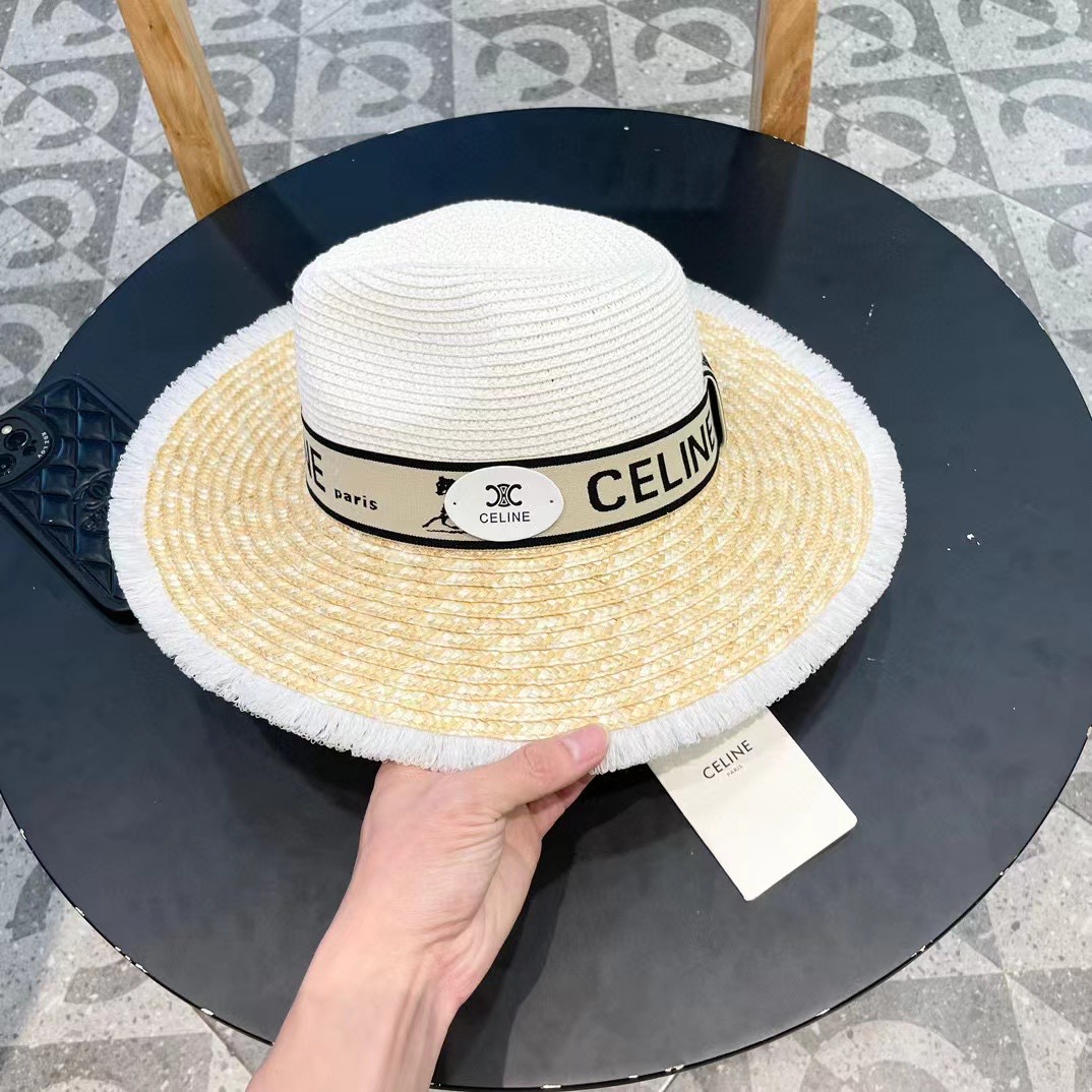 【CELINE赛琳】新款拼接草编遮阳草帽盆帽🤩沙滩风，简约大方，百搭单品～出街首选，新款帽型超美腻，新品