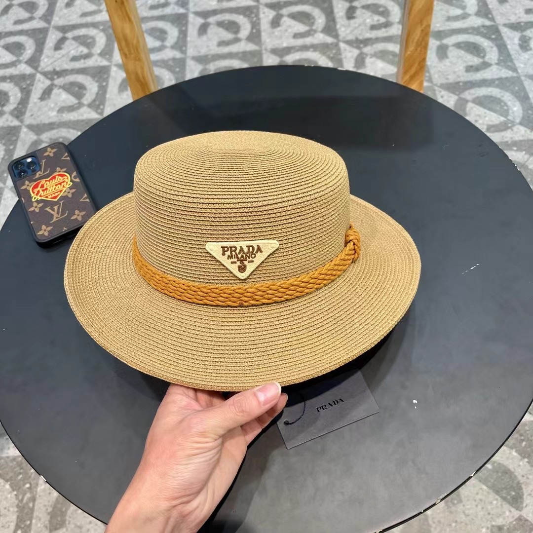 PRADA普拉达 草帽，名媛风盆帽，进口高级细草制作，高端定制，头围57cm