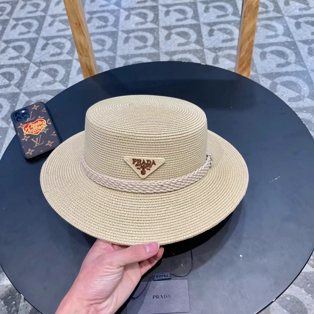 PRADA普拉达 草帽，名媛风盆帽，进口高级细草制作，高端定制，头围57cm