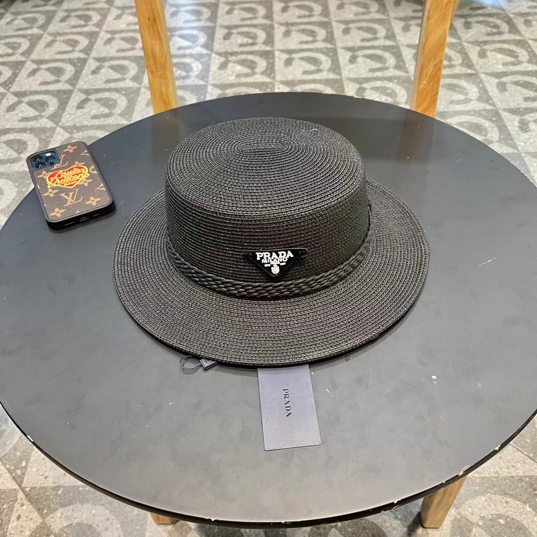 PRADA普拉达 草帽，名媛风盆帽，进口高级细草制作，高端定制，头围57cm
