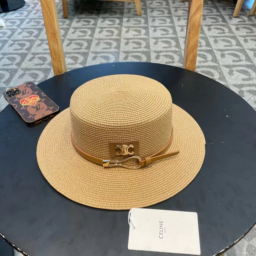  塞琳celien新款草帽，皮带平顶礼帽，头围57cm
