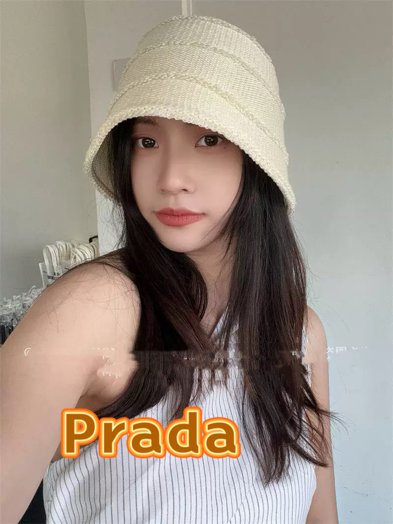  Prada普拉达2025新款高级感黑色系针织渔夫帽女盆帽休闲百搭显脸小遮阳防晒帽