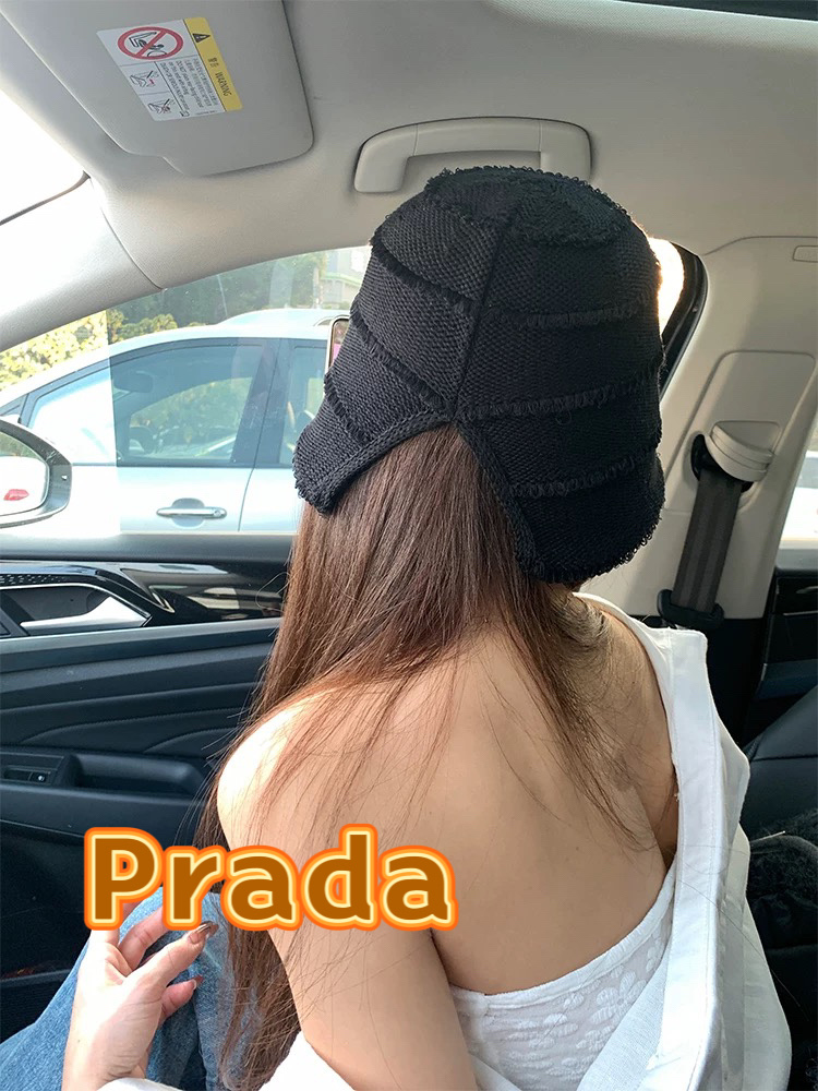 Prada普拉达2025新款高级感黑色系针织渔夫帽女盆帽休闲百搭显脸小遮阳防晒帽