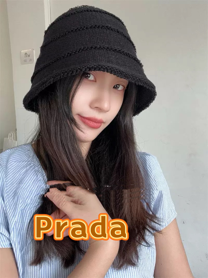  Prada普拉达2025新款高级感黑色系针织渔夫帽女盆帽休闲百搭显脸小遮阳防晒帽