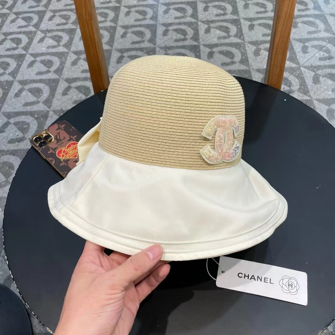  chanel香奈儿蝴蝶结渔夫帽子女显脸小夏季防紫外线草帽大檐遮脸防晒帽太阳帽潮