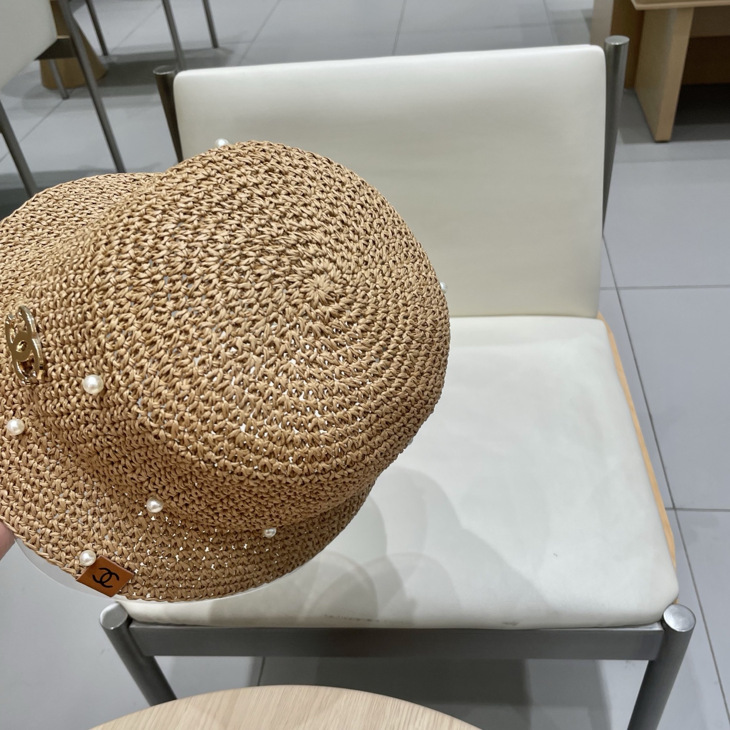 chane香奈儿l2025洋气百搭珍珠手工草帽遮脸防晒渔夫帽出游逛街防紫外线盆帽