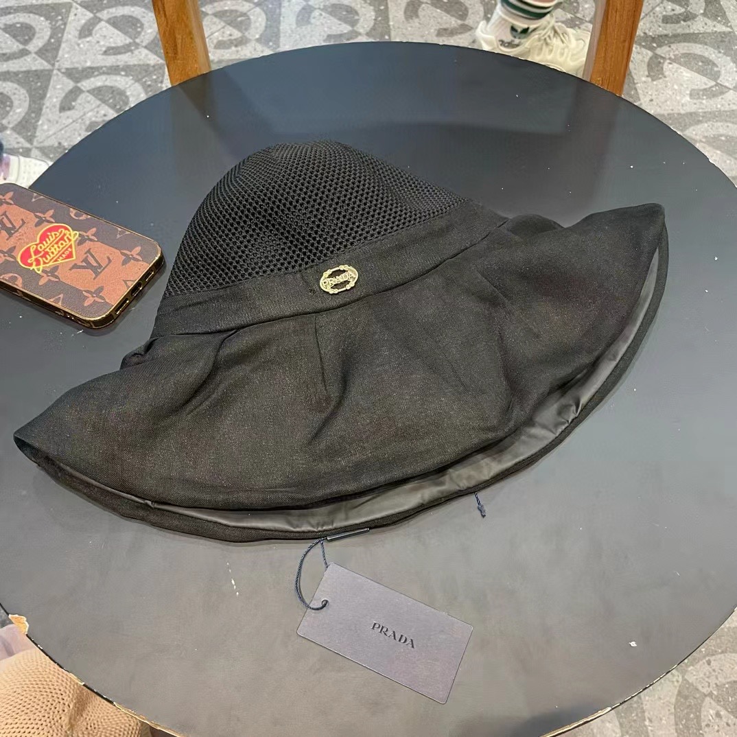  PRADA普拉达 新款大帽檐遮阳帽，渔夫帽，小红书网红爆款 防紫外线大檐遮脸防晒太阳渔夫帽