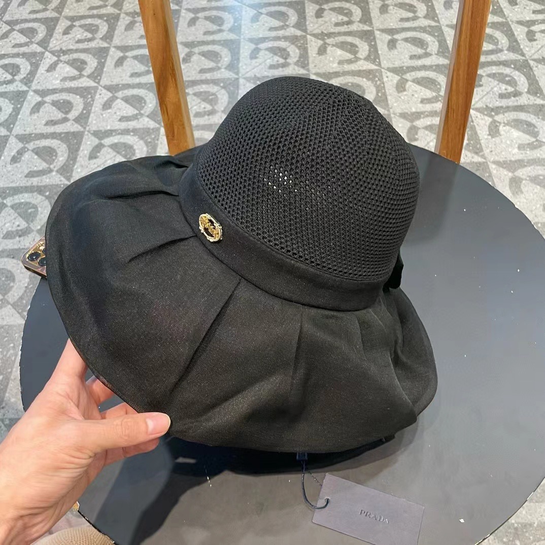  PRADA普拉达 新款大帽檐遮阳帽，渔夫帽，小红书网红爆款 防紫外线大檐遮脸防晒太阳渔夫帽