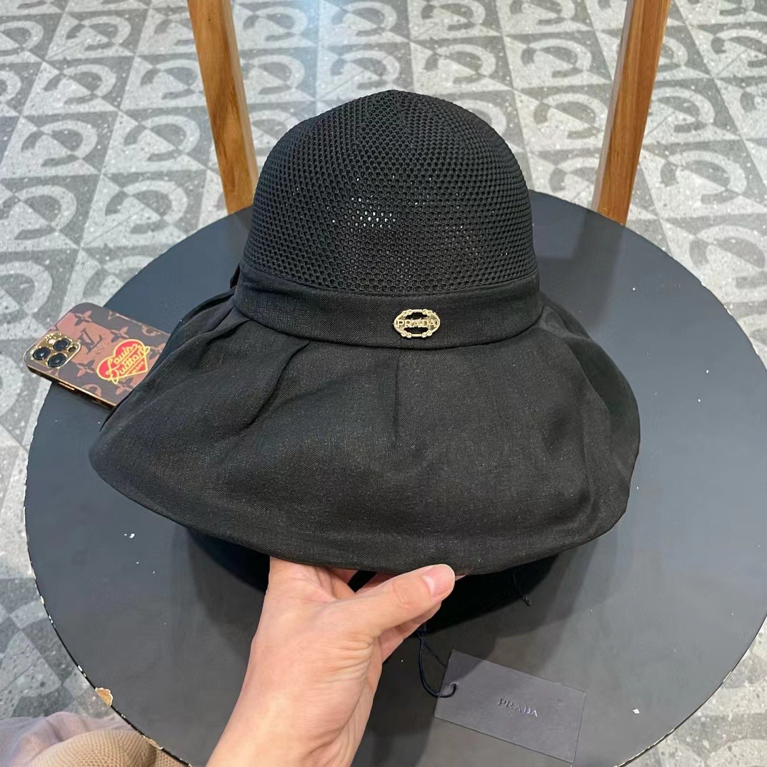  PRADA普拉达 新款大帽檐遮阳帽，渔夫帽，小红书网红爆款 防紫外线大檐遮脸防晒太阳渔夫帽