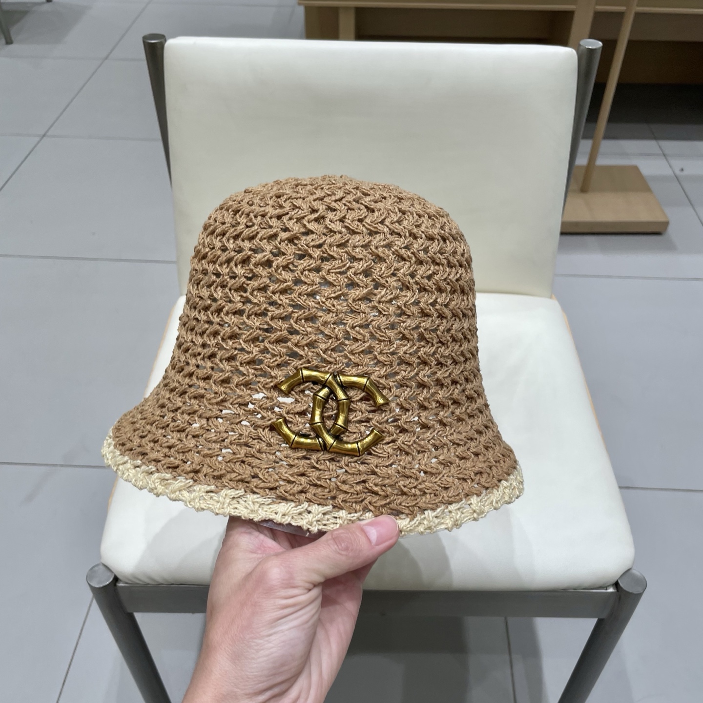 Chanel香奈儿大头围草编镂空渔夫帽女夏季防晒遮阳盆帽显脸小可折叠拼色水桶帽