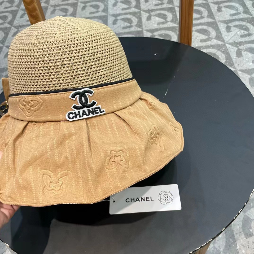 Chanel香奈儿 春夏新款帽子女时尚百搭蝴蝶结彩胶防晒遮阳帽夏季压花大沿太阳帽