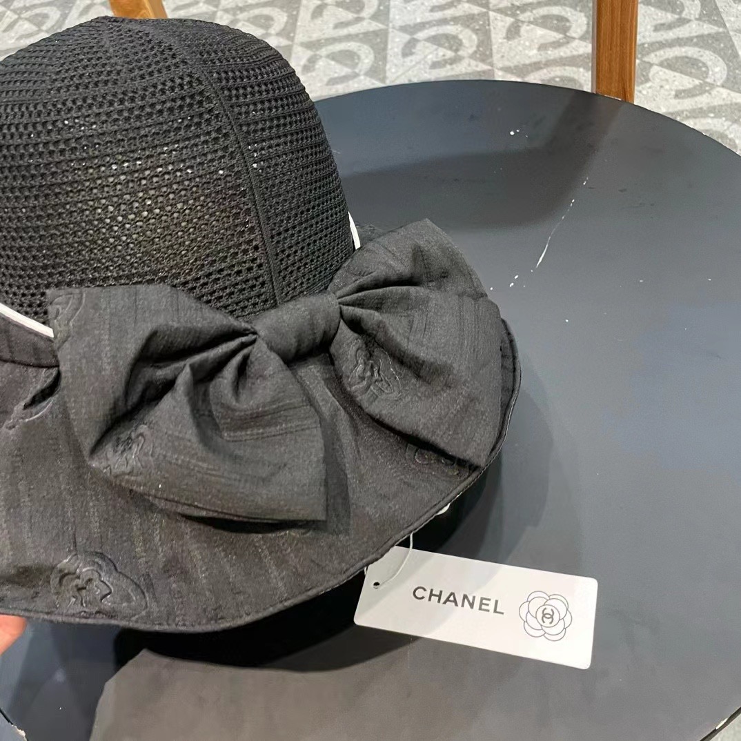 Chanel香奈儿 春夏新款帽子女时尚百搭蝴蝶结彩胶防晒遮阳帽夏季压花大沿太阳帽