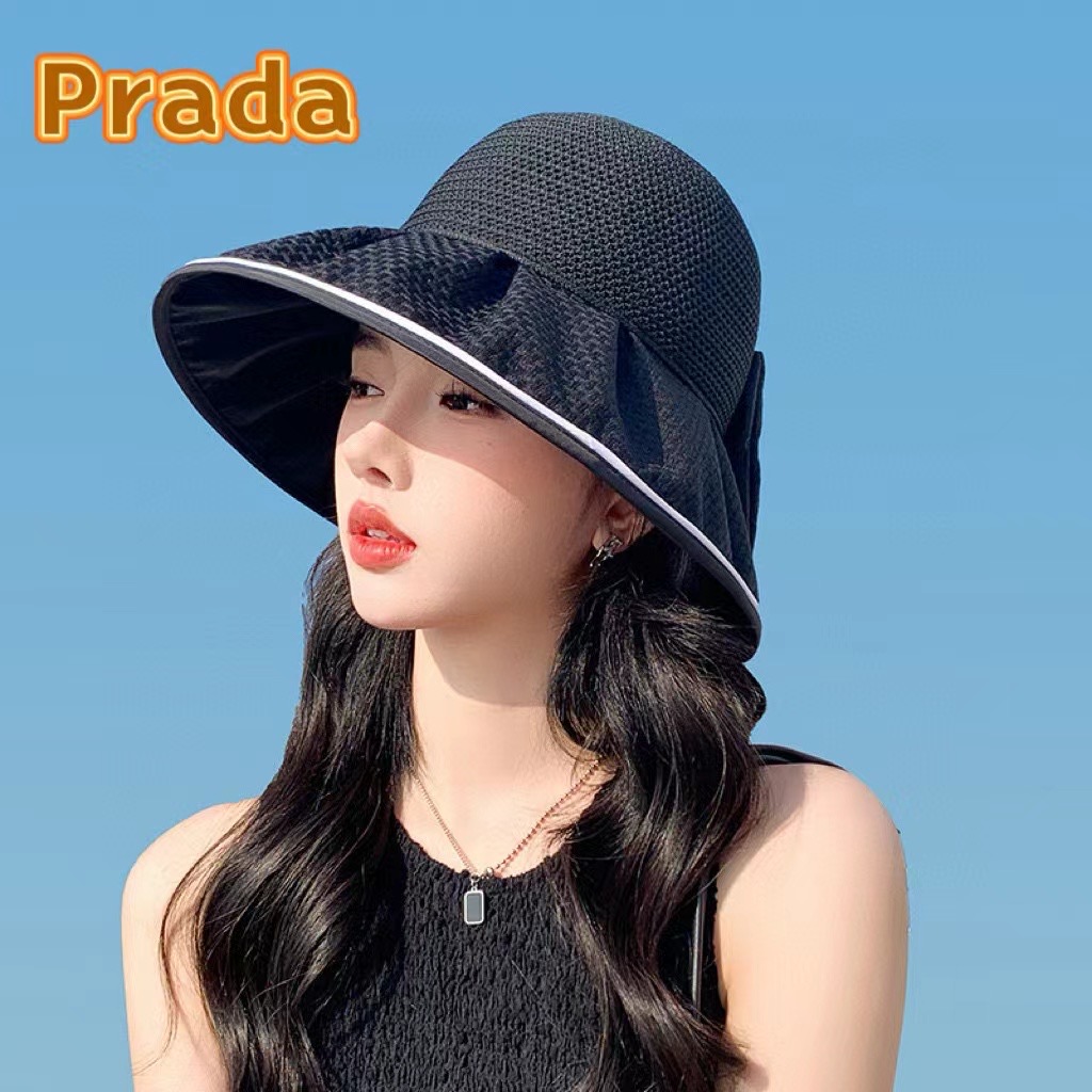 普拉达Prada春夏季新款针织透气布帽女户外遮阳防晒帽子大沿蝴蝶结渔夫帽盆帽