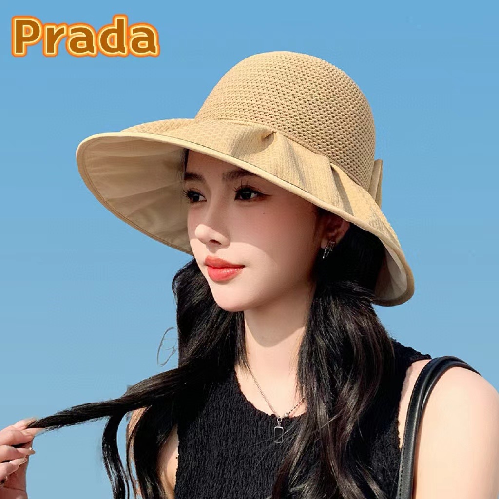 普拉达Prada春夏季新款针织透气布帽女户外遮阳防晒帽子大沿蝴蝶结渔夫帽盆帽