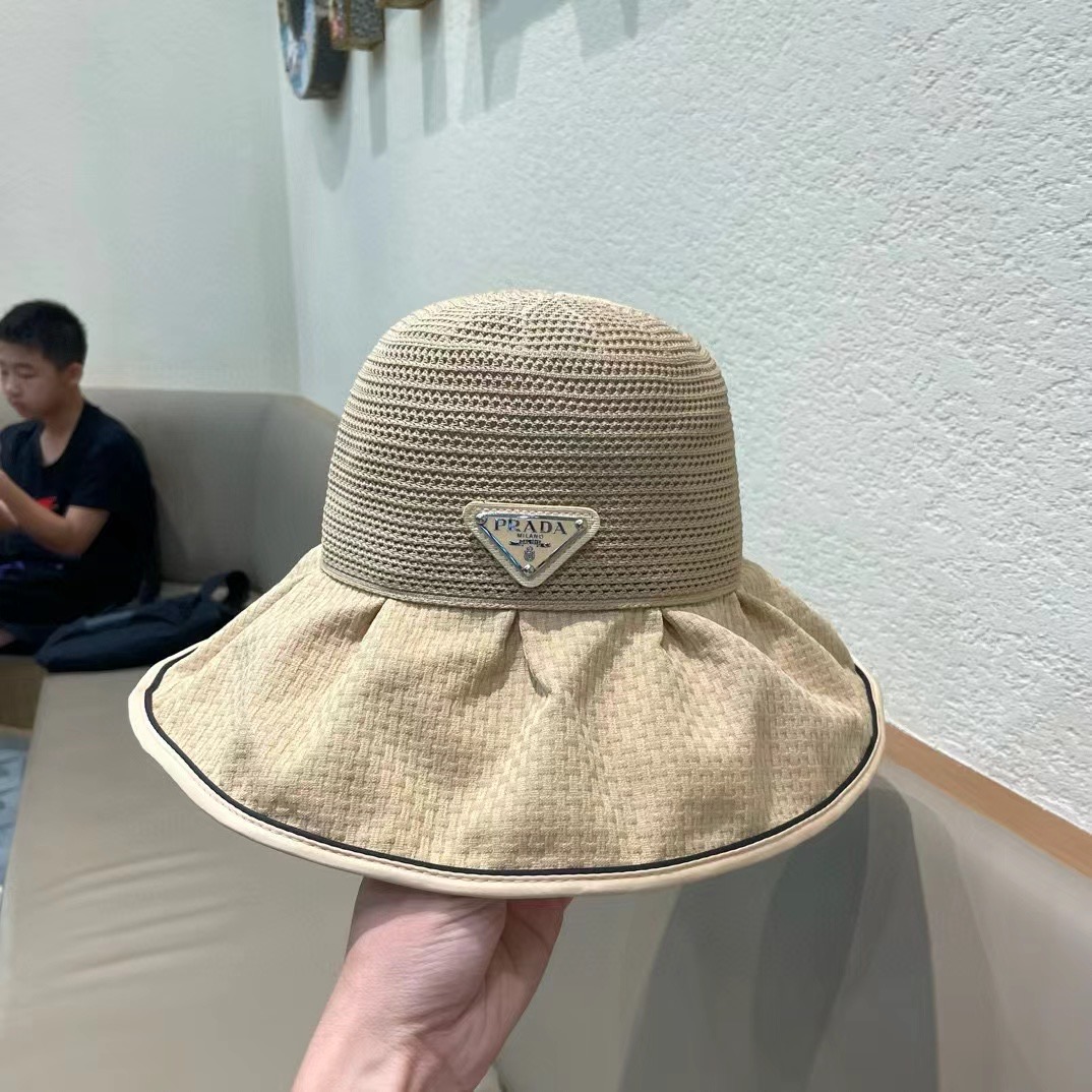 普拉达Prada春夏季新款针织透气布帽女户外遮阳防晒帽子大沿蝴蝶结渔夫帽盆帽