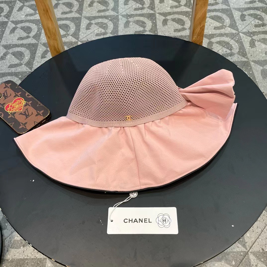 香奈儿Chanel时尚春夏季大帽檐出游渔夫帽防紫外线遮阳帽女蝴蝶结字母太阳帽潮