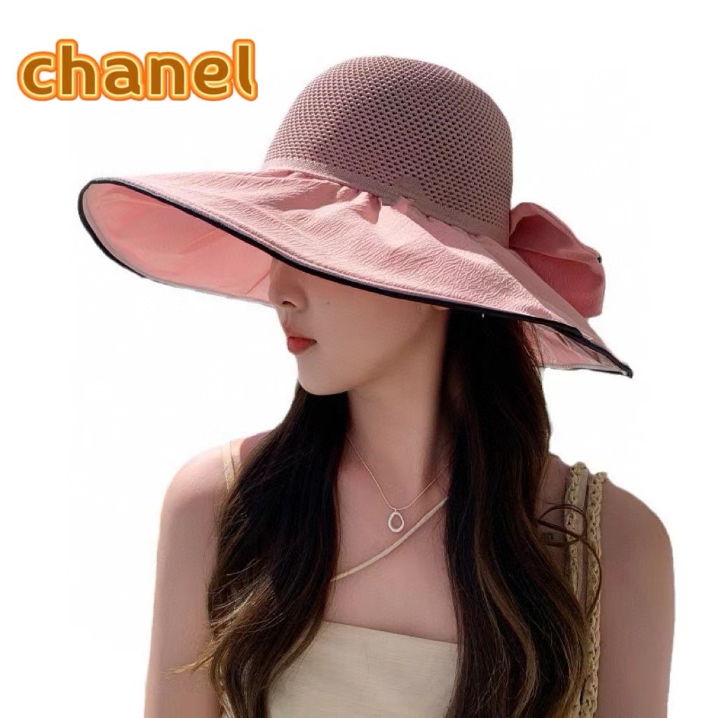 香奈儿Chanel时尚春夏季大帽檐出游渔夫帽防紫外线遮阳帽女蝴蝶结字母太阳帽潮
