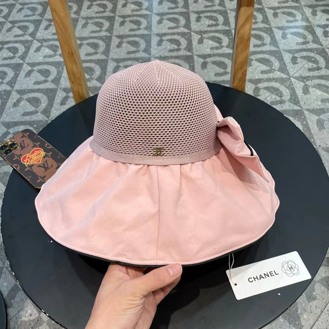 香奈儿Chanel时尚春夏季大帽檐出游渔夫帽防紫外线遮阳帽女蝴蝶结字母太阳帽潮