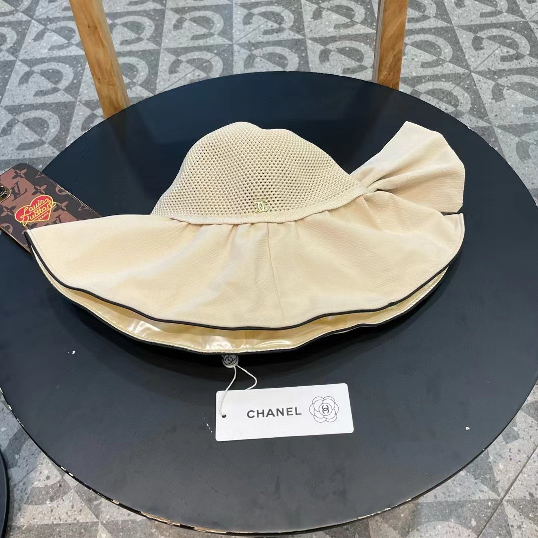 香奈儿Chanel时尚春夏季大帽檐出游渔夫帽防紫外线遮阳帽女蝴蝶结字母太阳帽潮