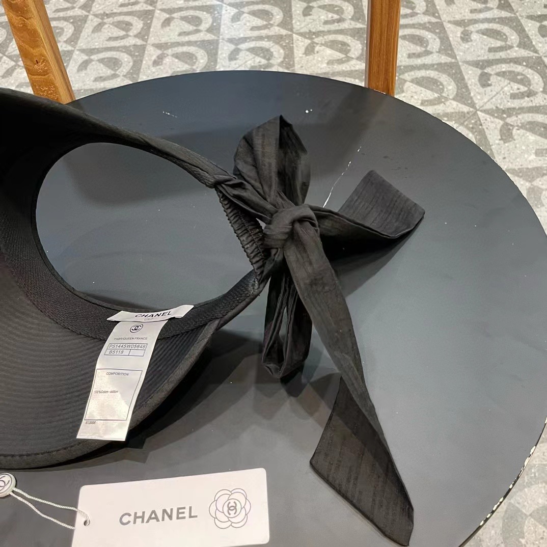 Chanel香奈儿日韩爆款防晒蝴蝶结欧根纱空顶草帽 太阳帽 遮阳帽带蕾丝巾