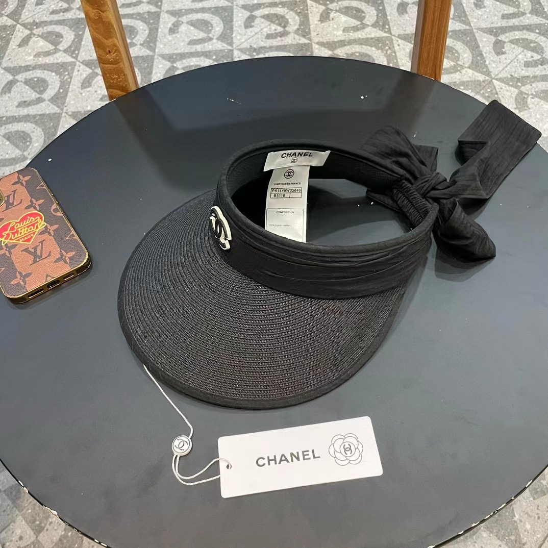 Chanel香奈儿日韩爆款防晒蝴蝶结欧根纱空顶草帽 太阳帽 遮阳帽带蕾丝巾