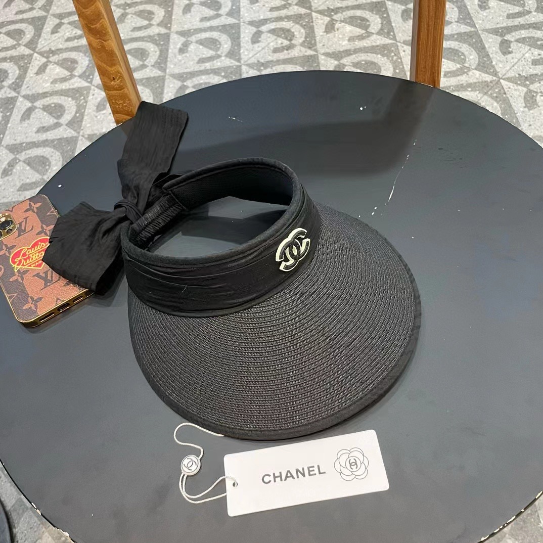 Chanel香奈儿日韩爆款防晒蝴蝶结欧根纱空顶草帽 太阳帽 遮阳帽带蕾丝巾