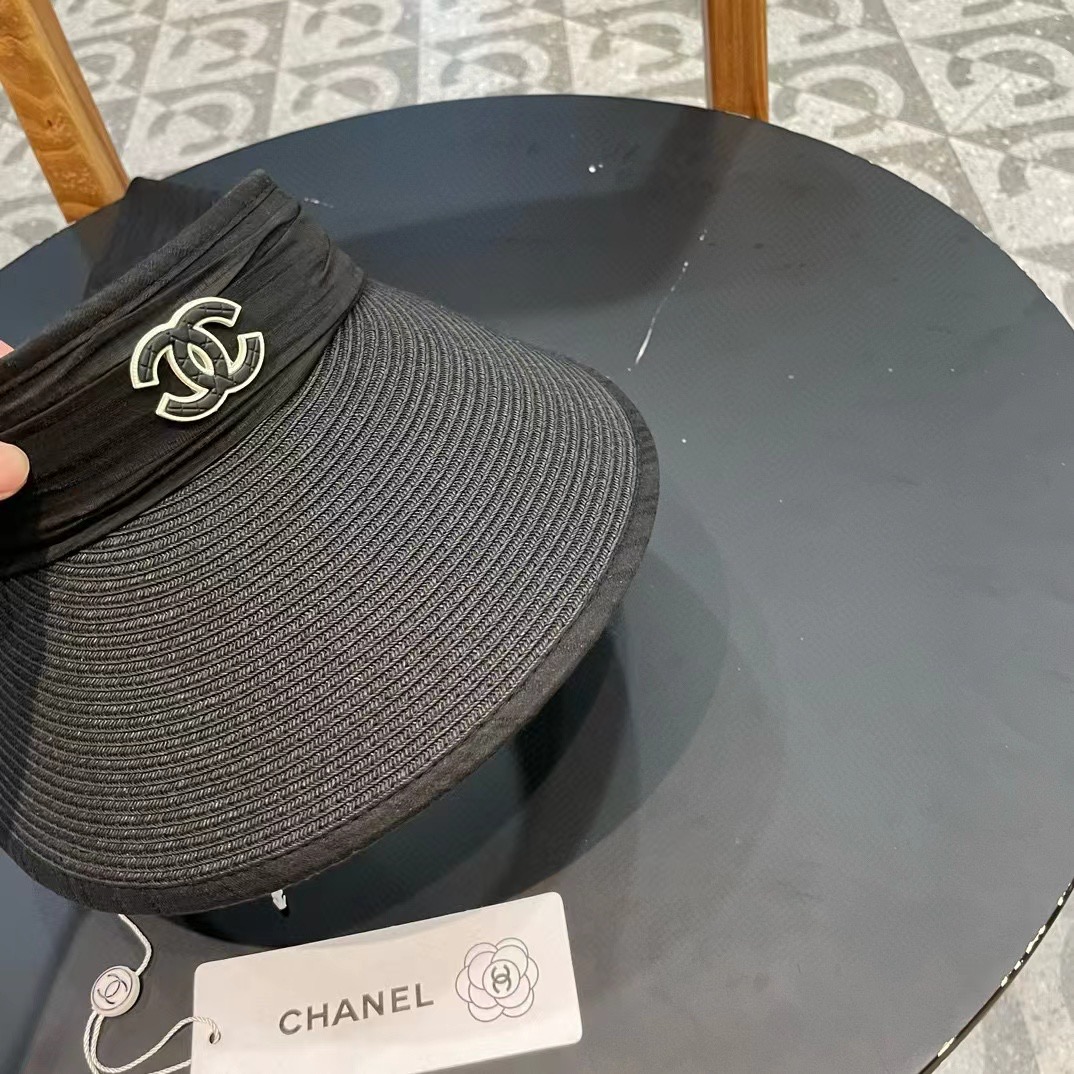 Chanel香奈儿日韩爆款防晒蝴蝶结欧根纱空顶草帽 太阳帽 遮阳帽带蕾丝巾