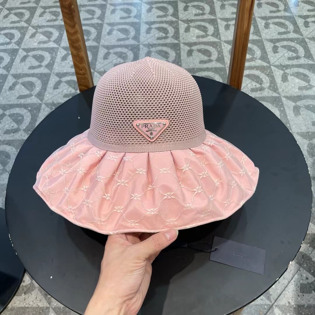 PRADA普拉达 2024新款夏季渔夫帽女士大檐防紫外线沙滩帽子防晒遮阳出游太阳帽