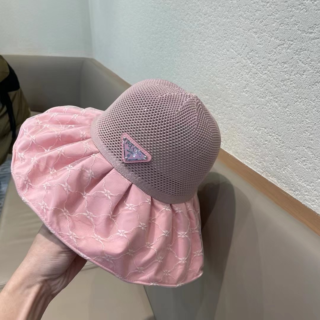 PRADA普拉达 2024新款夏季渔夫帽女士大檐防紫外线沙滩帽子防晒遮阳出游太阳帽