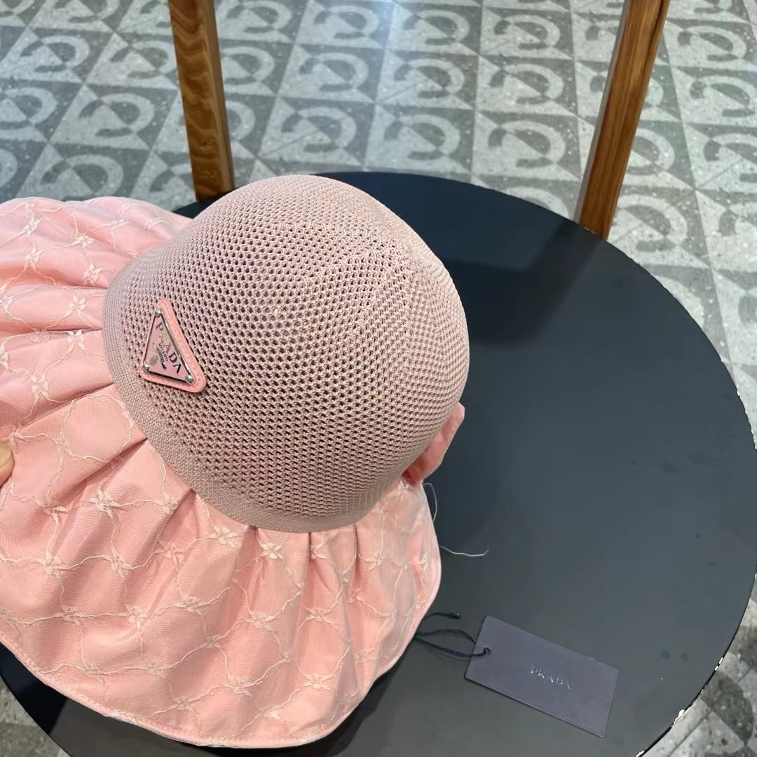 PRADA普拉达 2024新款夏季渔夫帽女士大檐防紫外线沙滩帽子防晒遮阳出游太阳帽