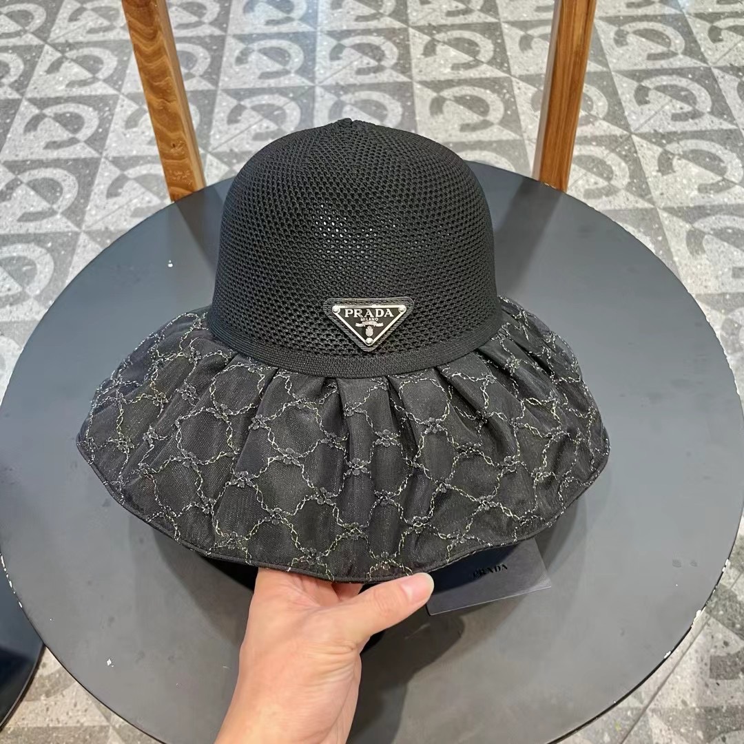 PRADA普拉达 2024新款夏季渔夫帽女士大檐防紫外线沙滩帽子防晒遮阳出游太阳帽