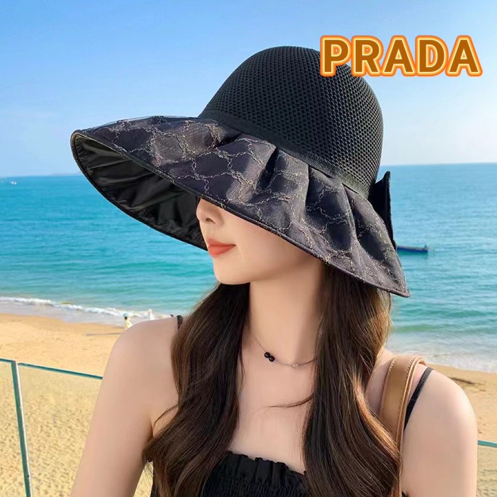 PRADA普拉达 2024新款夏季渔夫帽女士大檐防紫外线沙滩帽子防晒遮阳出游太阳帽