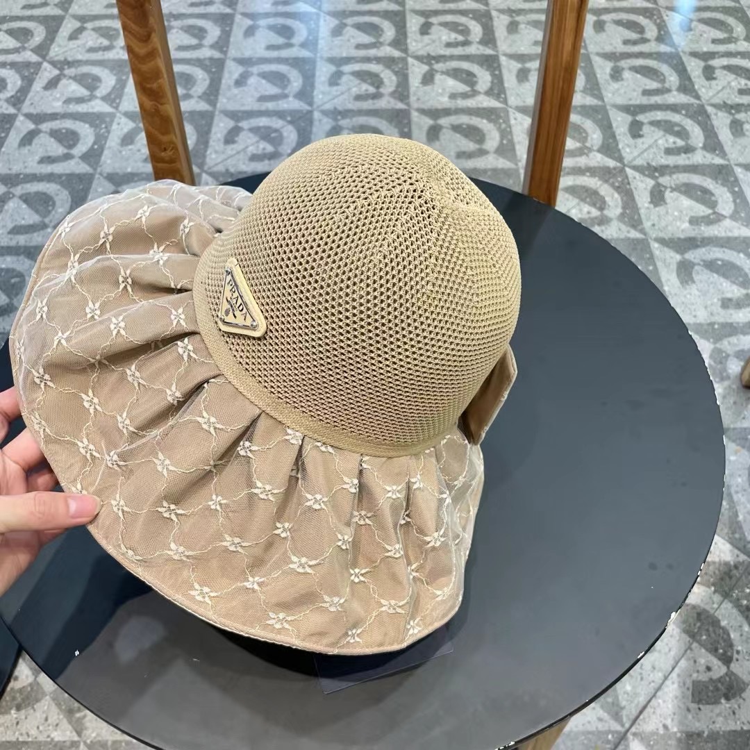 PRADA普拉达 2024新款夏季渔夫帽女士大檐防紫外线沙滩帽子防晒遮阳出游太阳帽