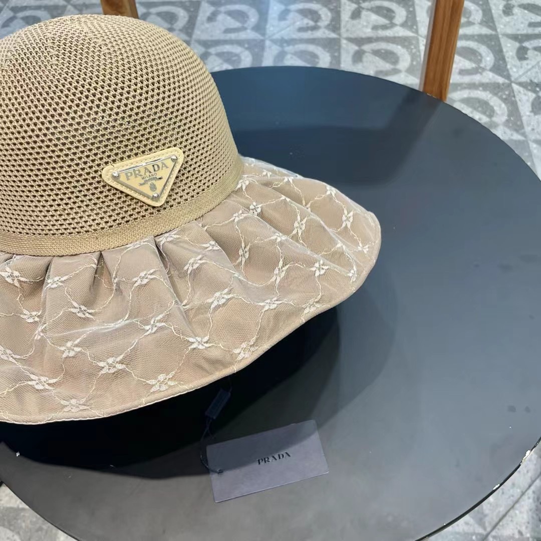 PRADA普拉达 2024新款夏季渔夫帽女士大檐防紫外线沙滩帽子防晒遮阳出游太阳帽