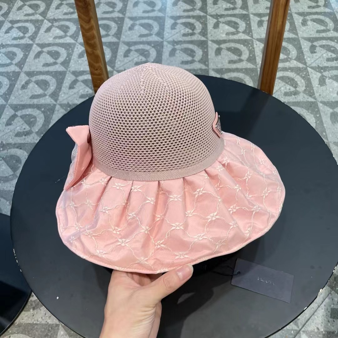 PRADA普拉达 2024新款夏季渔夫帽女士大檐防紫外线沙滩帽子防晒遮阳出游太阳帽