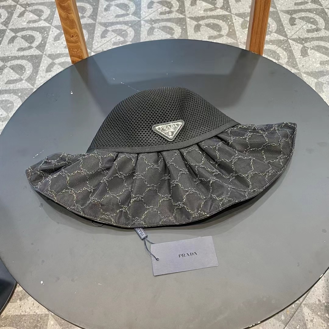 PRADA普拉达 2024新款夏季渔夫帽女士大檐防紫外线沙滩帽子防晒遮阳出游太阳帽