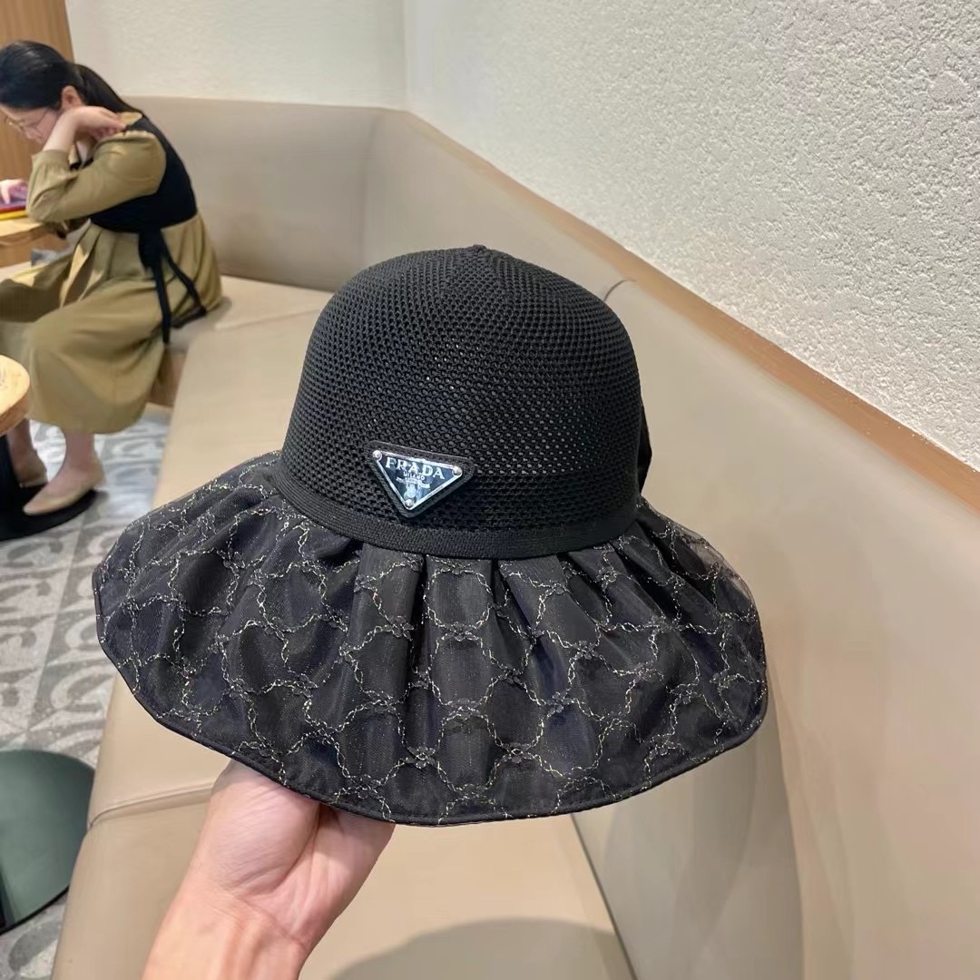 PRADA普拉达 2024新款夏季渔夫帽女士大檐防紫外线沙滩帽子防晒遮阳出游太阳帽