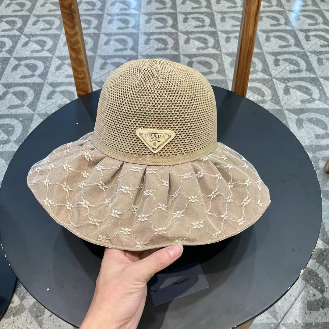 PRADA普拉达 2024新款夏季渔夫帽女士大檐防紫外线沙滩帽子防晒遮阳出游太阳帽