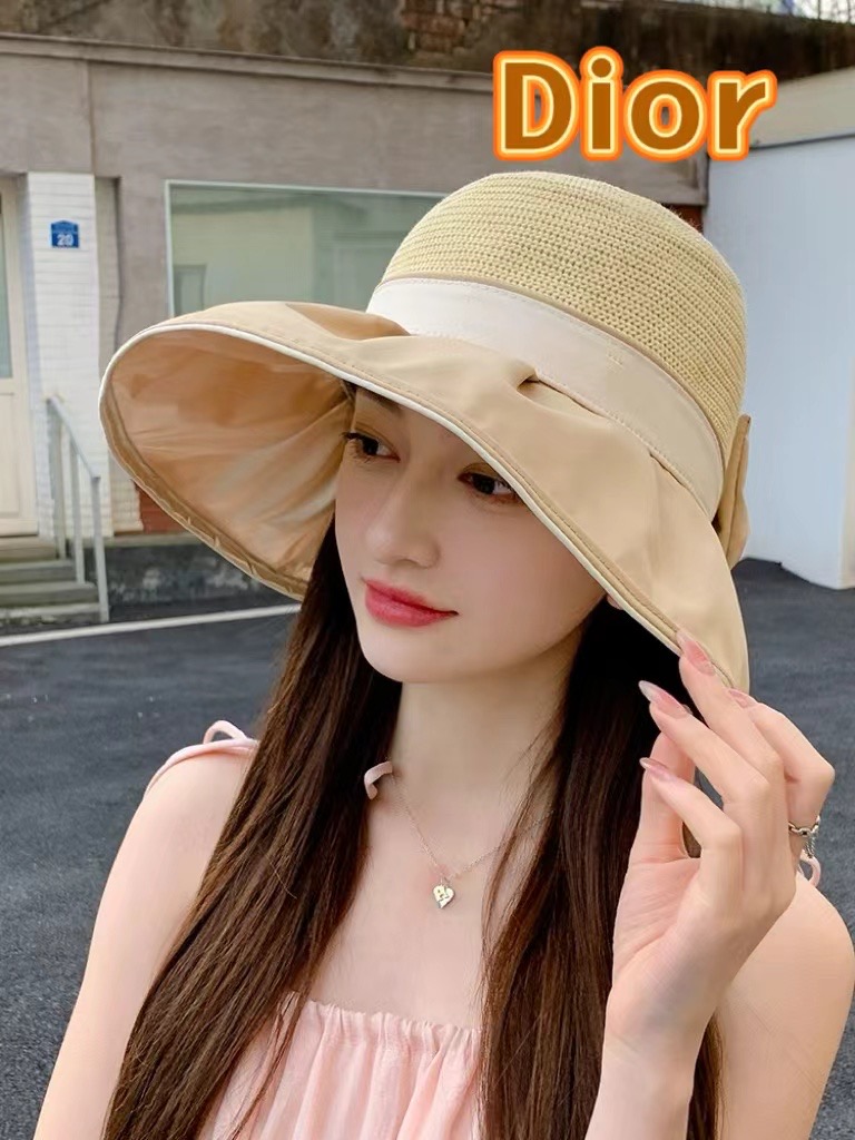 DIOR渔夫帽 2024夏季新款遮阳防晒蝴蝶结渔夫帽子女沙滩出游大檐显脸小太阳帽