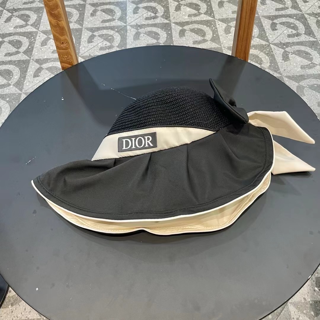 DIOR渔夫帽 2024夏季新款遮阳防晒蝴蝶结渔夫帽子女沙滩出游大檐显脸小太阳帽