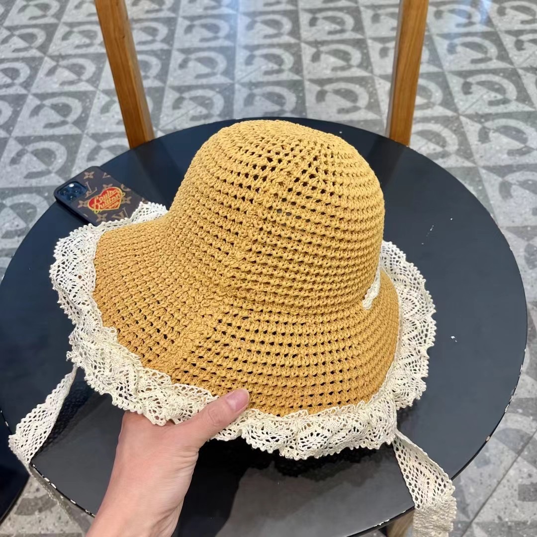  赛琳 Celine草编透气蕾丝系带渔夫帽女夏季百搭户外海边沙滩帽大檐甜美遮阳帽