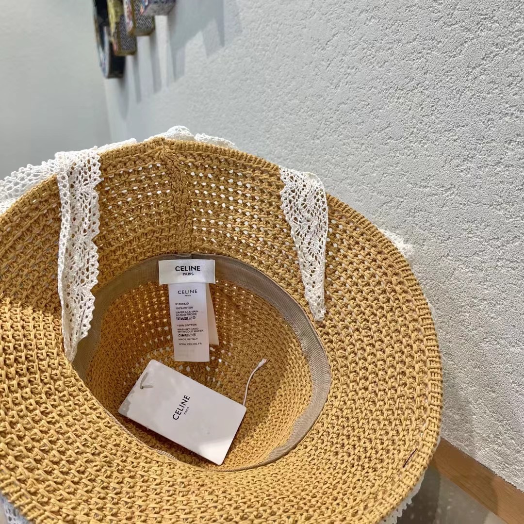  赛琳 Celine草编透气蕾丝系带渔夫帽女夏季百搭户外海边沙滩帽大檐甜美遮阳帽