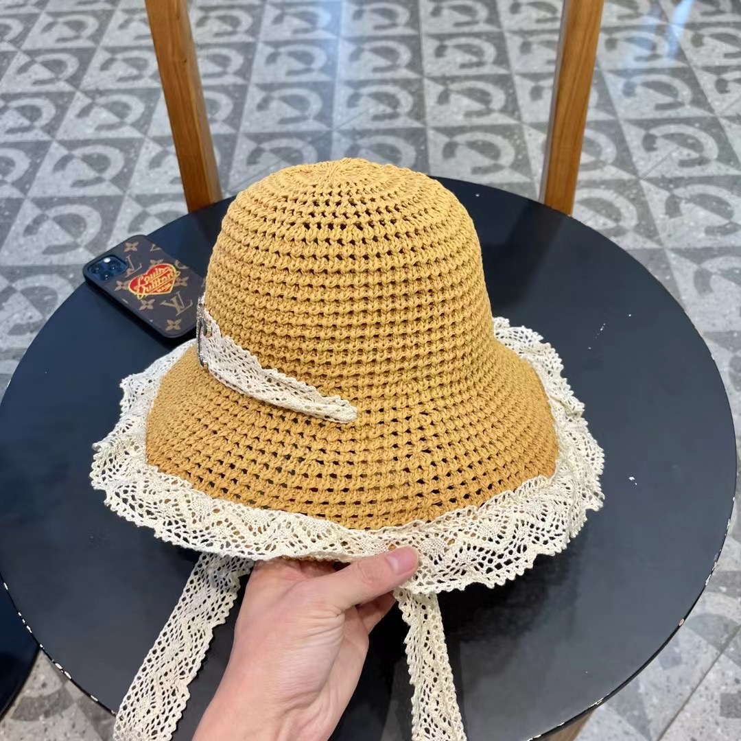  赛琳 Celine草编透气蕾丝系带渔夫帽女夏季百搭户外海边沙滩帽大檐甜美遮阳帽