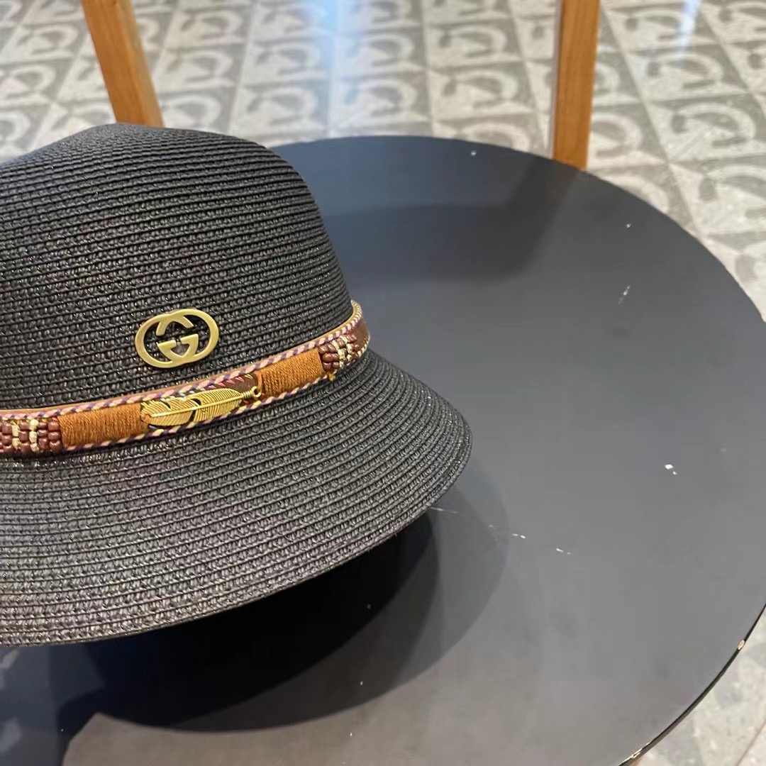 GUCC I古奇海边度假百搭圆顶草帽女出游遮阳防晒民族风礼帽女夏天沙滩太阳帽