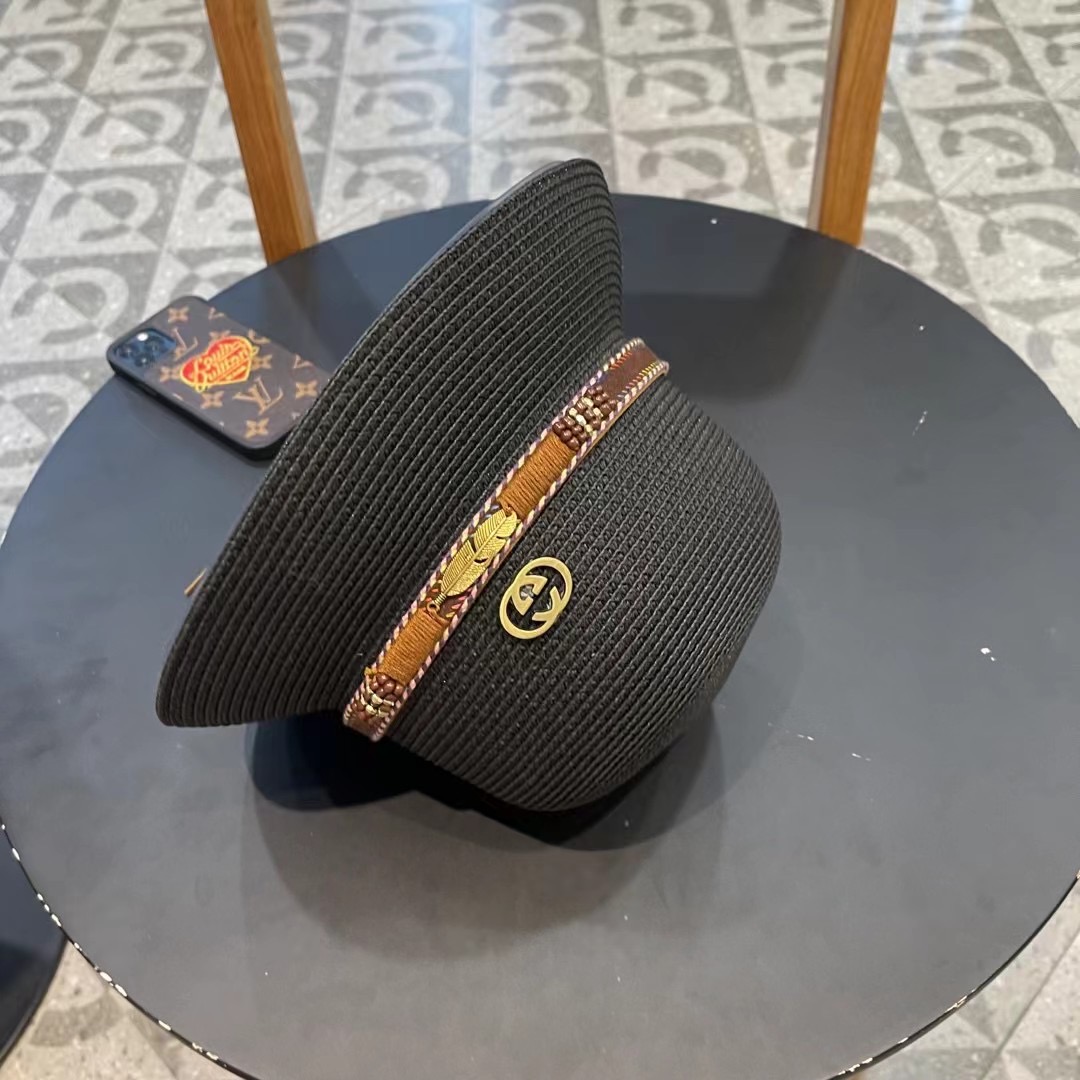 GUCC I古奇海边度假百搭圆顶草帽女出游遮阳防晒民族风礼帽女夏天沙滩太阳帽