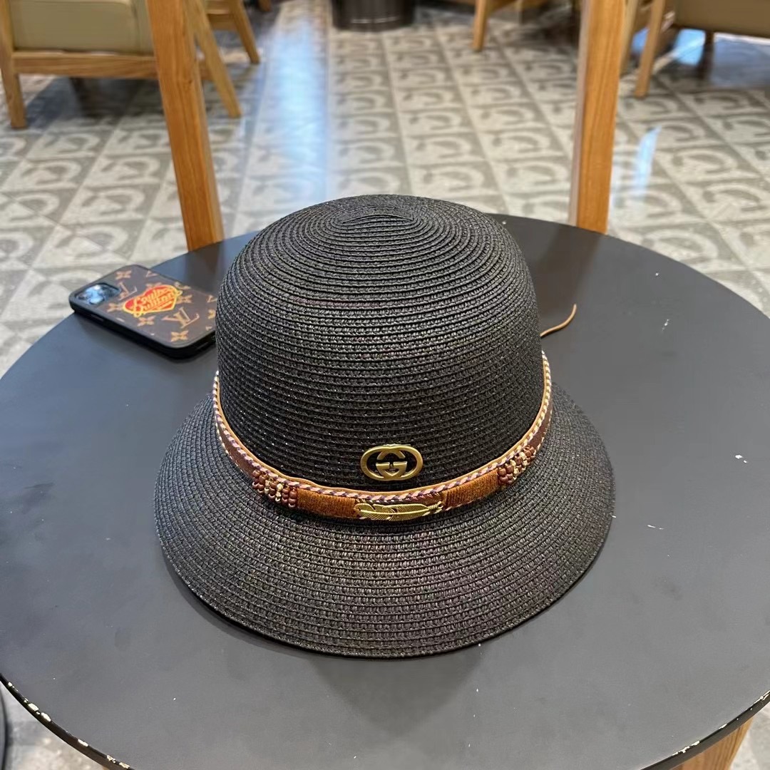 GUCC I古奇海边度假百搭圆顶草帽女出游遮阳防晒民族风礼帽女夏天沙滩太阳帽