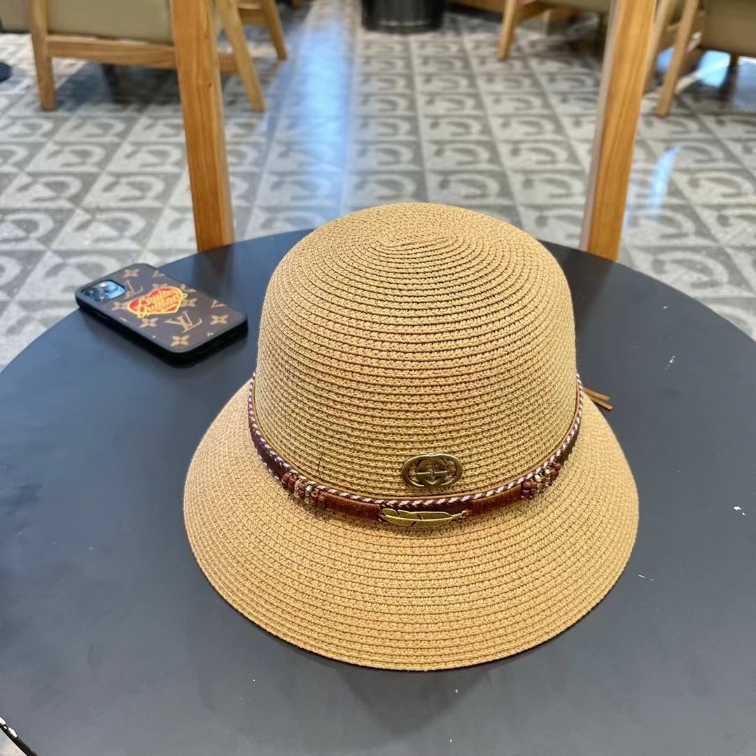 GUCC I古奇海边度假百搭圆顶草帽女出游遮阳防晒民族风礼帽女夏天沙滩太阳帽